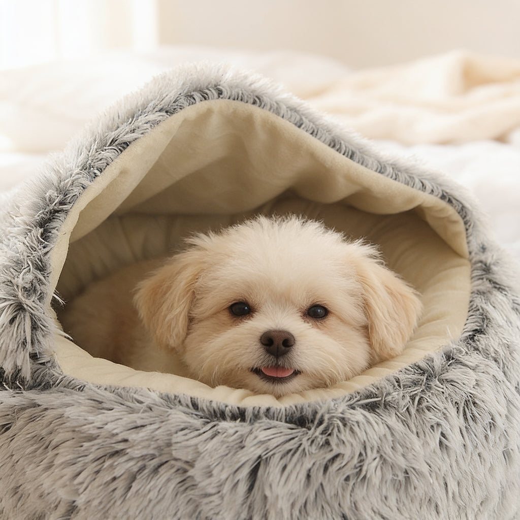 Happy puppy snuggled in Noviqo plush pet bed