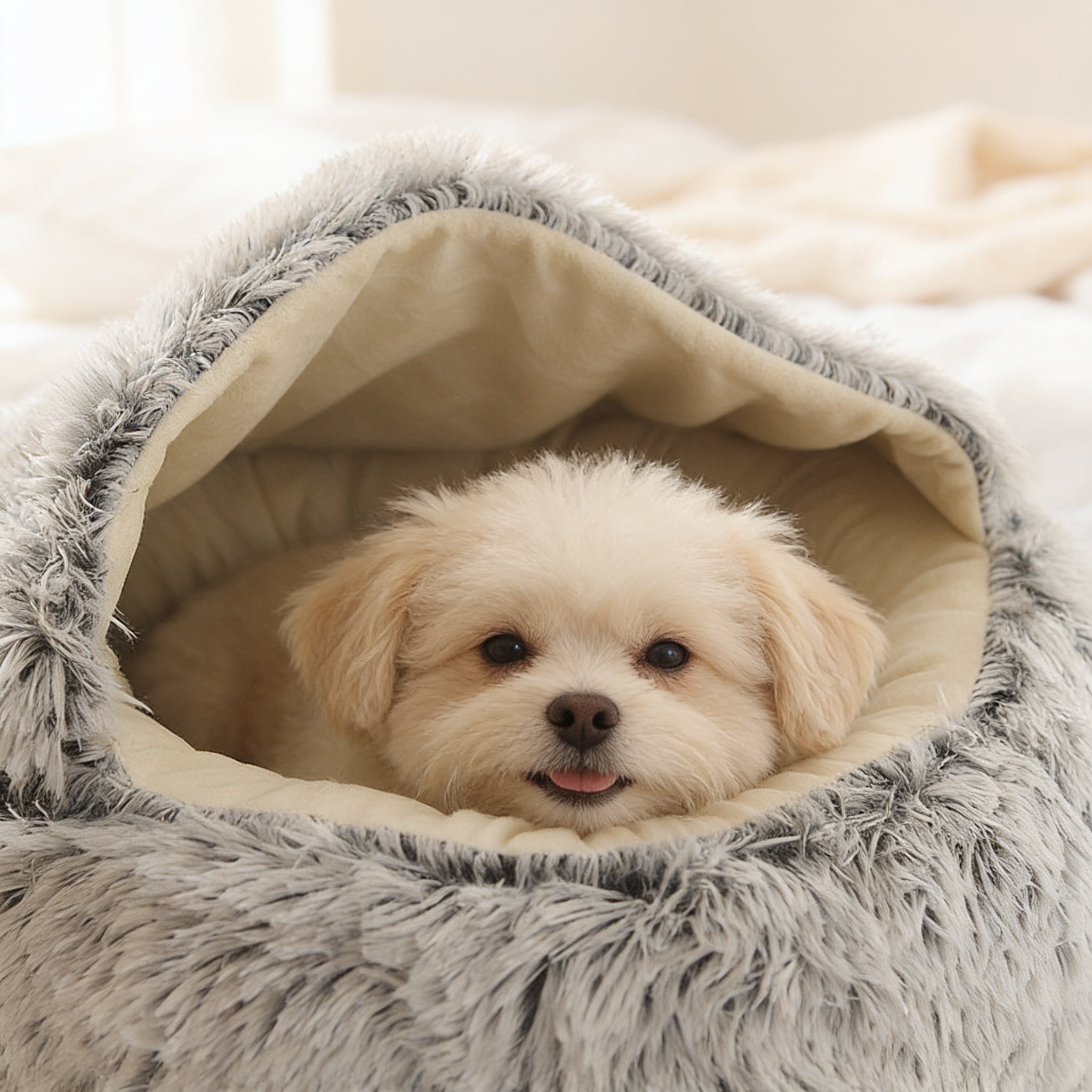 Happy puppy snuggled in Noviqo plush pet bed