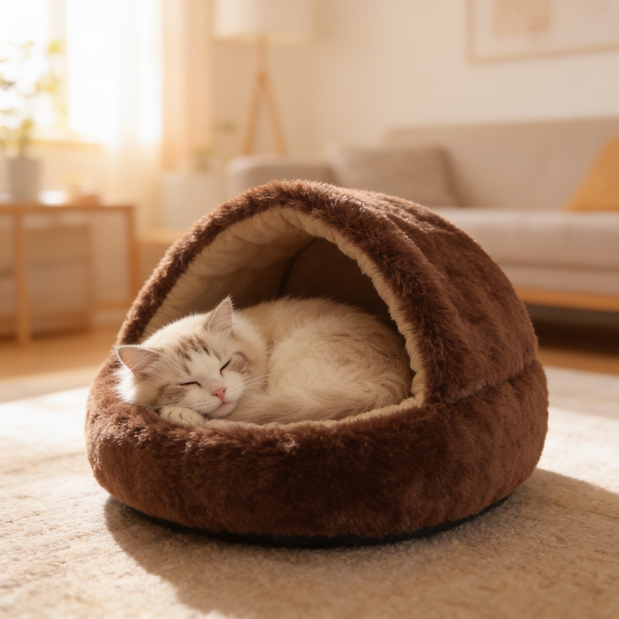 Cozy cat sleeping in Noviqo plush pet bed
